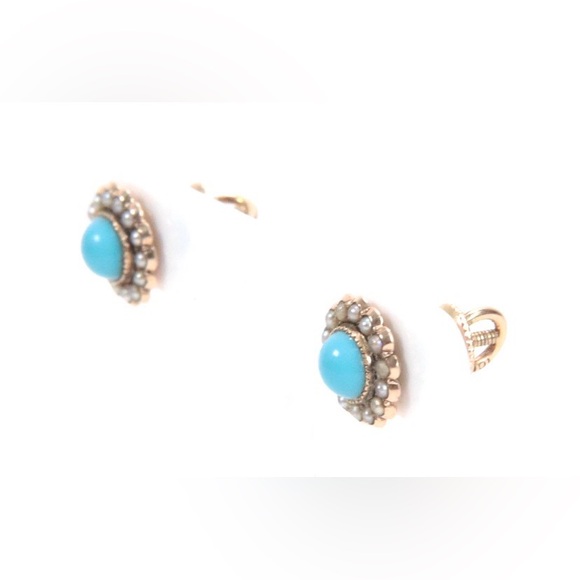 Antique 14K Yellow Gold Turquoise & Seed Pearl Earrings - Picture 2 of 4